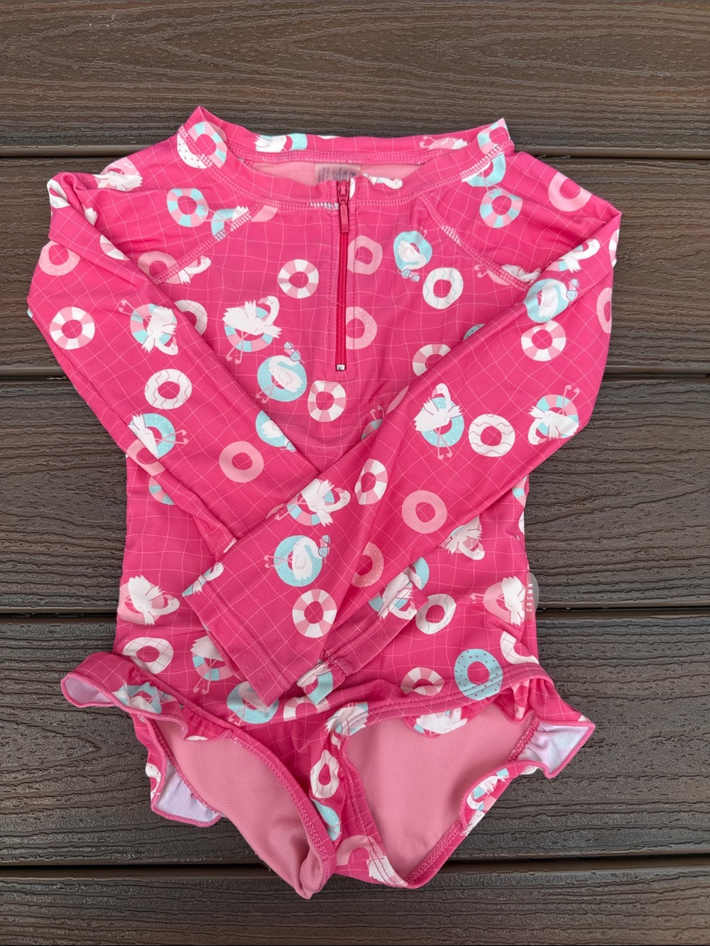 Boden Pink Long-Sleeve Girls' Rashguard with Float Ring & Swan Print